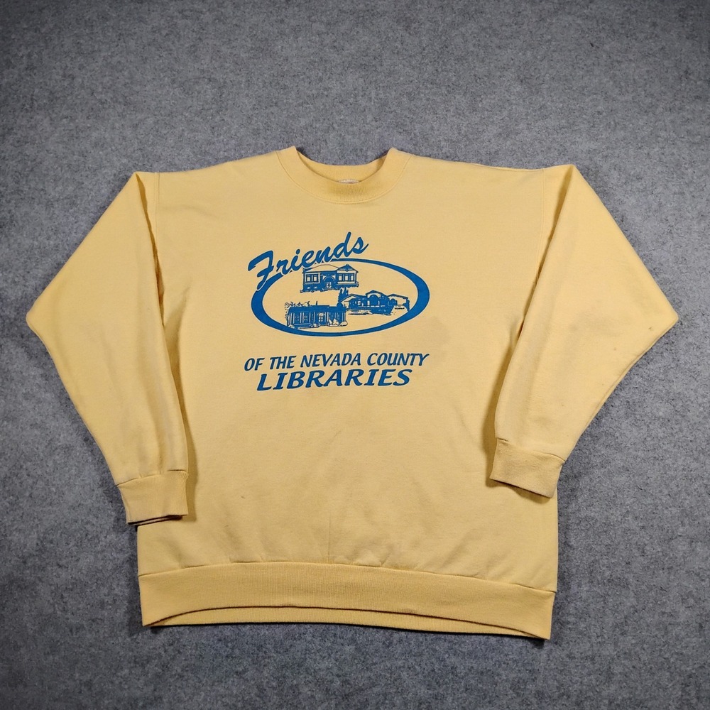 Vintage Hanes Nevada County Libraries Sweatshirt Unisex M Yellow Crewneck 90s